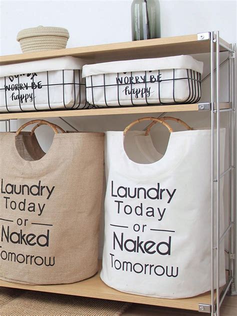 A 56L jute laundry basket with a simple letter pattern and natural ...