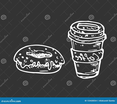 Hand Drawn Coffee and Donut Doodle. Sketch Food and Drink, Icon Stock Vector - Illustration of ...