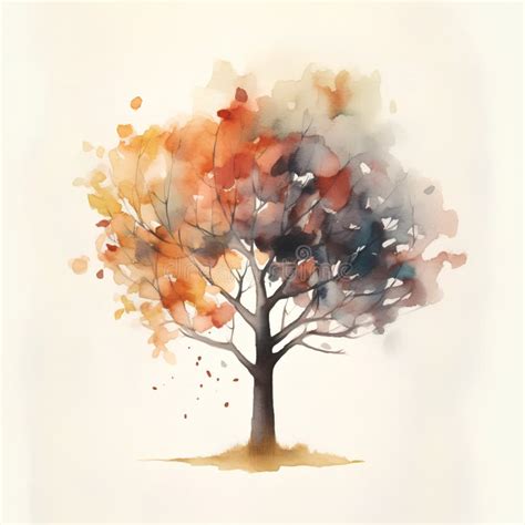 Watercolor Tree with Autumn Leaves on White Background. Hand Drawn ...