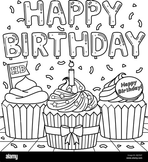 Happy Birthday Cupcakes Coloring Page for Kids Stock Vector Image & Art - Alamy