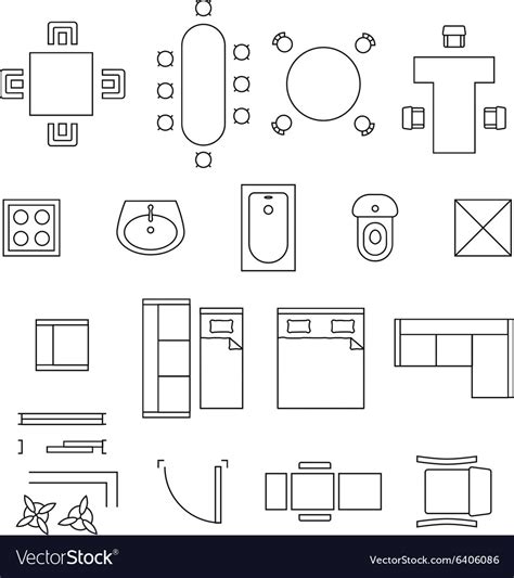 Furniture linear symbols floor plan icons Vector Image