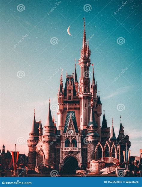 The Cinderella Castle in Disney World Theme Park Under a Starry Night Sky with Half Moon ...