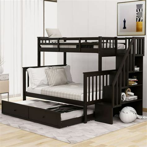Stairway Bunk Bed Twin Over Full with Twin Trundle, Stairs, Storage and Guard Rail for Bedroom ...