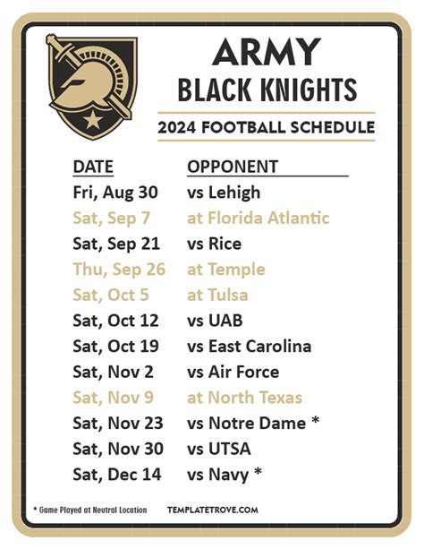 Printable 2024 Army Black Knights Football Schedule