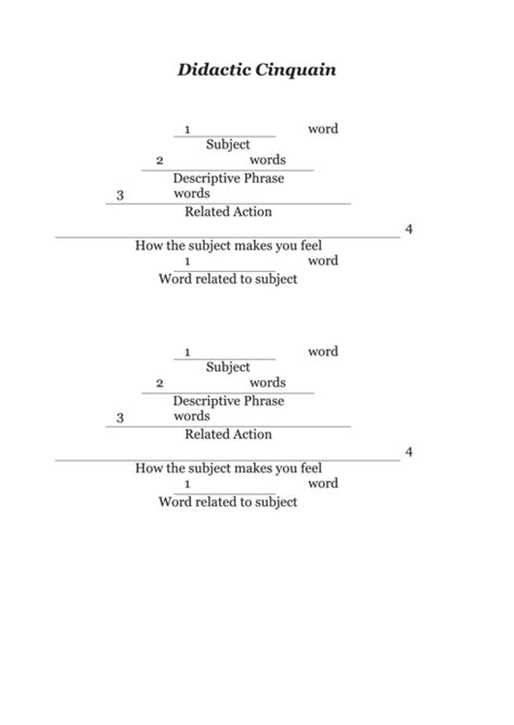 Didactic Cinquain Poem Template printable pdf download