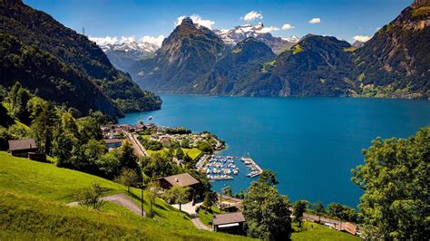 Village Near Alps Lake Around Mountain Panorama Switzerland HD Travel Wallpapers | HD Wallpapers ...