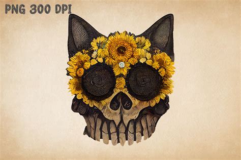 Black Cat Skull And Sunflowers By Mulew Art | TheHungryJPEG