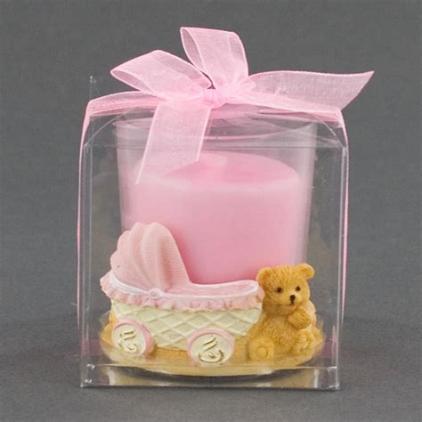 Ceramic Teddy Bear Candle Holder With Pink Baby Carriage - Stroller