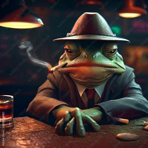 Artistic character concept for a 1940s detective frog smoking a ...