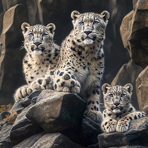 Snow Leopard Family on Rocky Outcropping in Remote Alpine Wilderness ...