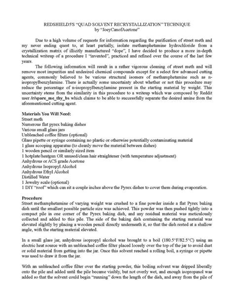 Quad Solvent Recrystallization procedure for cleaning adulterated street meth. : r/TheeHive