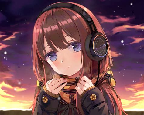 Anime Girl With Brown Hair And Brown Eyes And Headphones