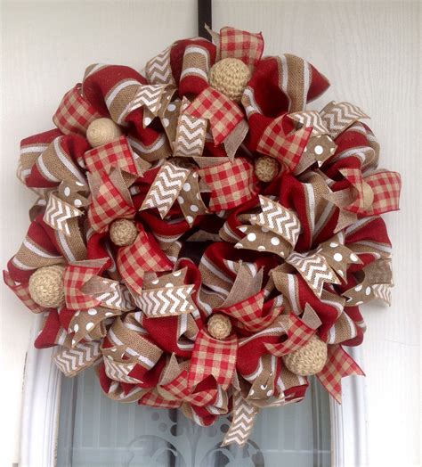 22" Red/Tan/White Burlap Wreath with Yarn Balls and Various Ribbons | Wreath crafts, Deco ...