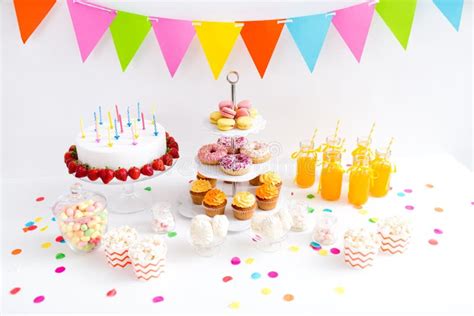 Food and Drinks on Table at Birthday Party Stock Image - Image of muffin, juice: 142677043