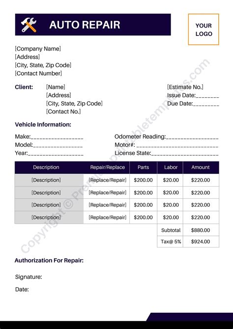 Auto Repair Estimate Template Printable in PDF and Word