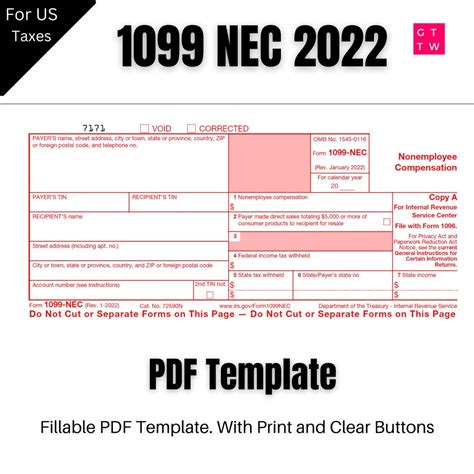 1099 NEC Editable PDF Fillable Template 2022 With Print and Clear Buttons Courier Font - Etsy