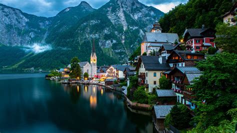 Hallstatt, Salzkammergut, Austria, mountains, evening, lake, boats ...