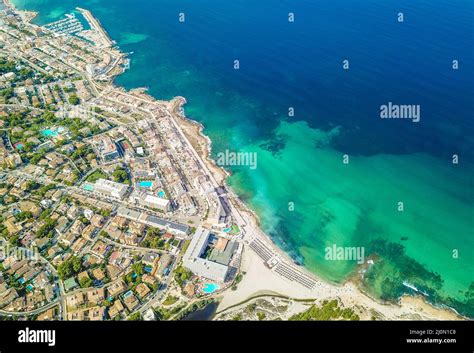 Cityscape and beach drone landscape panorama Can Picafort Mallorca ...