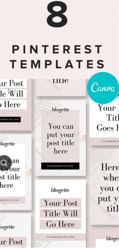 This Pinterest Template pack contains 8 Pinterest Templates in the BLOGETTE theme in Canva ...