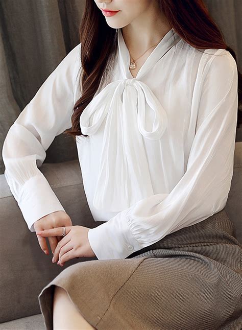 White V Neck Long Sleeve Bow Tie Loose Chiffon Blouse - STYLESIMO.com