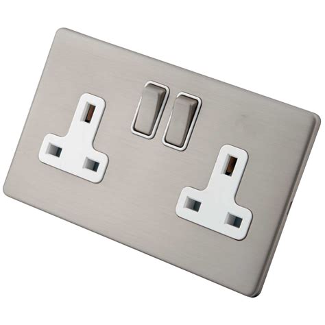 M2 13A 2 Gang Screwless Double Switched Socket White Insert Brushed Stainless Steel ...