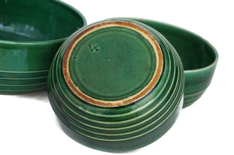 Green Ceramic Nesting Mixing Bowl Set, Vintage French Majolica Pottery Stacking Dishes