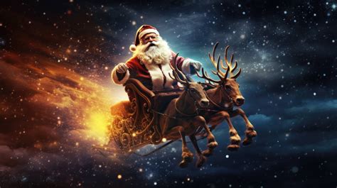 A desktop wallpaper of Santa flying his sleigh