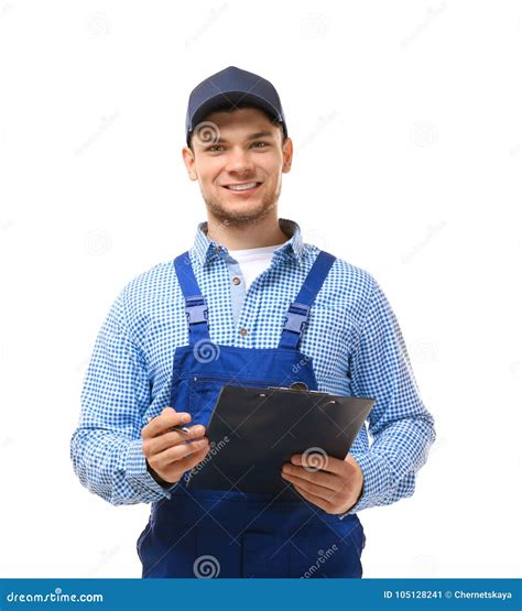 Young Plumber in Uniform Holding Clipboard Stock Image - Image of professional, install: 105128241