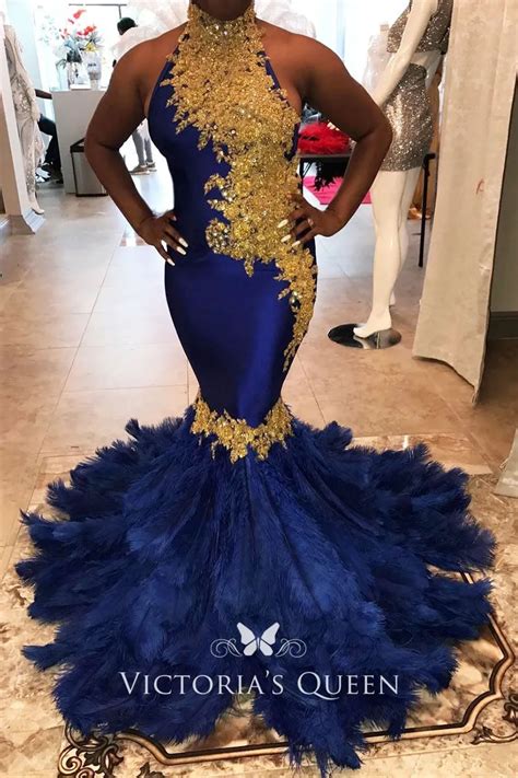 Beaded Gold Lace Appliqued Mermaid Feathers Blue African American Prom ...