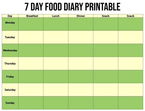 Food Diary Chart Printable
