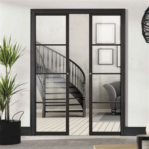 Soho 4 Pane Black Primed Double Evokit Pocket Door - Clear Glass