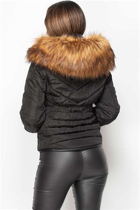 Womens Black Quilted Puffer Coat With Big Faux Fur Hood – Styledup.co.uk