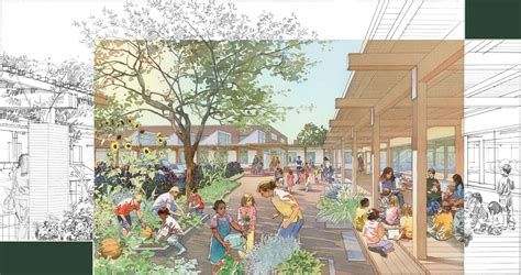 an artist's rendering of a community garden with people walking and sitting on benches