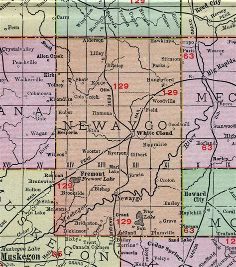 Newaygo County, Michigan, 1911, Map, Rand McNally, Fremont, White Cloud, Grant, Bitely, Wooster ...