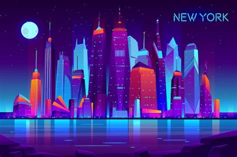 Modern new york city cartoon vector night landscape | Free Vector