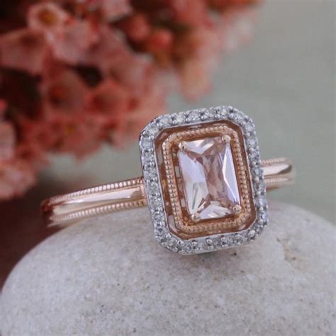 Pink Morganite Engagement Ring In 10k Rose Gold Milgrain Wedding Band ...