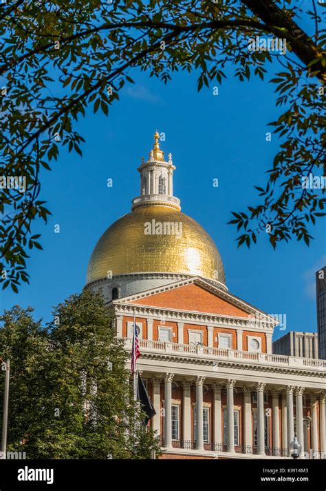 Gold Dome of Massachusetts State House on blue sky day in Boston Stock ...