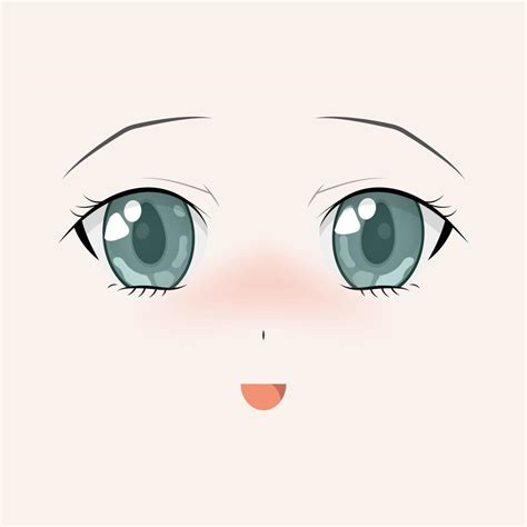 Happy anime face. Manga style big green eyes, little nose and kawaii mouth. Hand drawn vector ...