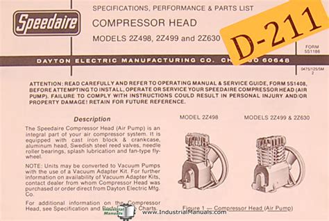 Dayton 2Z498, 2Z499 and 2Z630, Compressor Head, Specifiations and Parts Manual | eBay