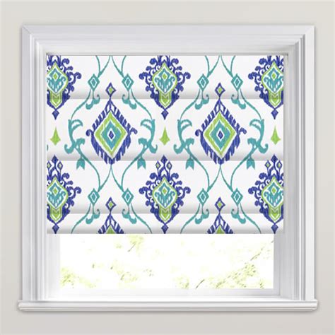 Shimmering Vibrant Blue, Green & White Ikat Damask Roman Blinds