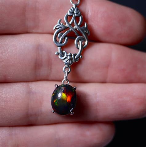Black opal necklace, fire opal pendant, Victorian style, rare black ...
