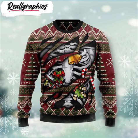 Skeleton Candy Cane Christmas 3D Print Ugly Sweater - Reallgraphics