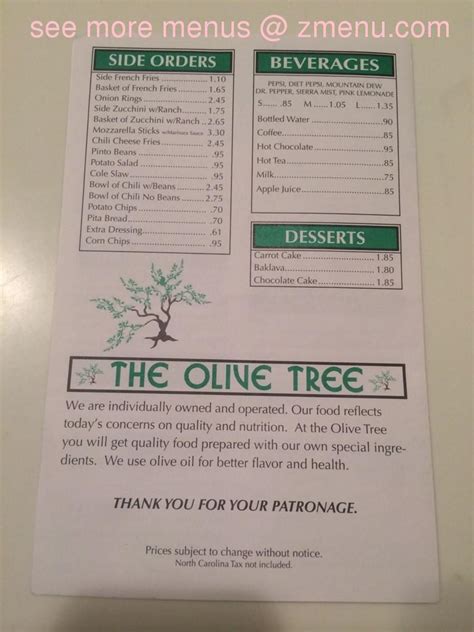 Menu at The Olive Tree restaurant, Winston-Salem