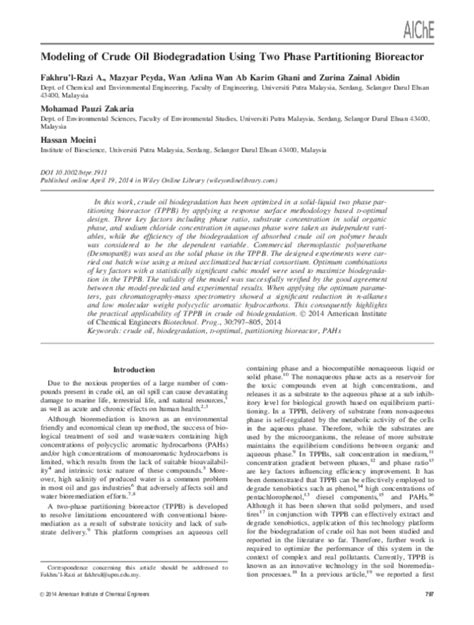 (PDF) Modeling of crude oil biodegradation using two phase partitioning bioreactor | Mazyar ...