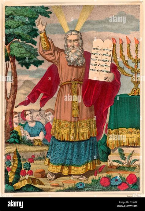 Moses, Hebrew prophet and lawgiver, with the Ten Commandments. Date: 14 ...