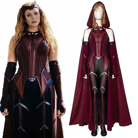 the avengers costume is shown in red and black, with long blonde hair on top