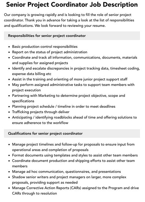 Senior Project Coordinator Job Description | Velvet Jobs