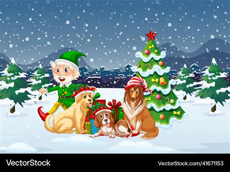 Snowy night scene with christmas cartoon Vector Image