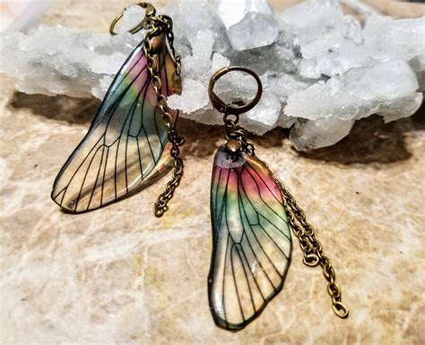 Iridescent Single Dragonfly Wing Earrings - Chained to the Rainbow