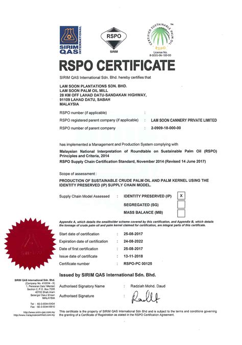 RSPO Certification - Lam Soon